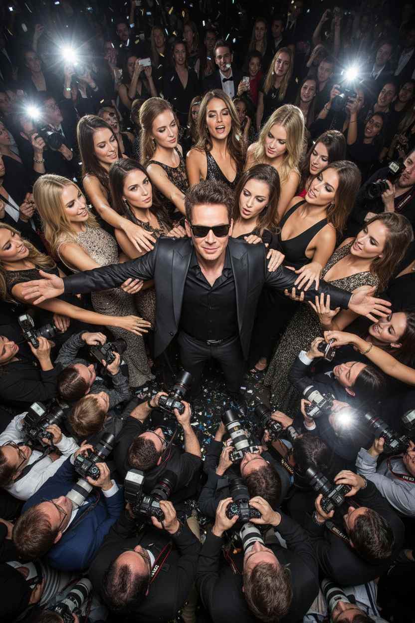 Man surrounded by paparazzi